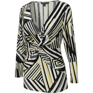Cable & Gauge Womens Large Geometric Stripe Twist Front V-Neck Top Dandelion NWT